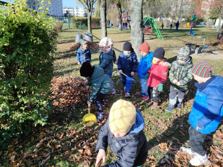„Pszczółki” podczas jesiennych porządków w ogrodzie przedszkolnym 🧹🍁🍂