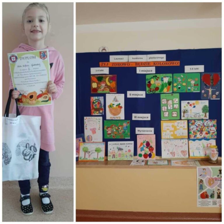 Gratulacje dla Stefanii z grupy V za zajęcie III miejsca w konkursie plastycznym pt. „Żyj zdrowo, będzie_kolorowo” pod patronatem Prezydenta Miasta Siedlce i Powiatowej Stacji Sanitarno- Epidemiologicznej w Siedlcach organizowanym przez Miejskie Przedszkole Integracyjne Nr 20 w Siedlcach.